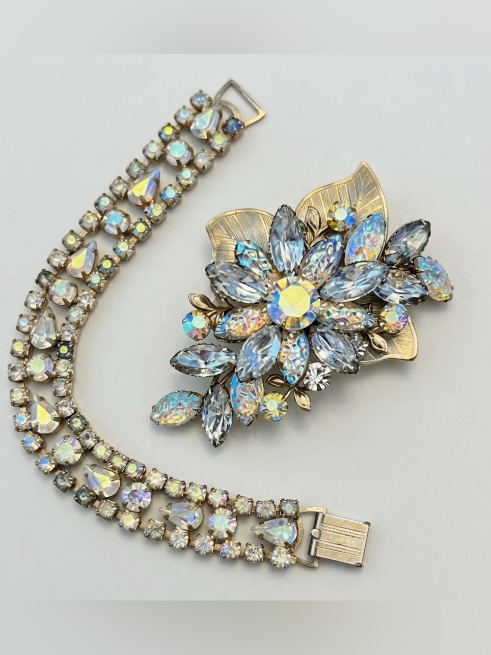 Aurora Borealis Crystal Floral Brooch and Rhinestone Bracelet Set - Iridescent